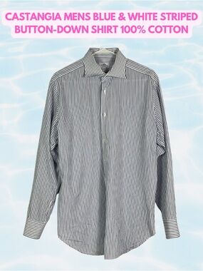 Castangia Mens Blue & White Striped Button-Down Shirt 100% Cotton